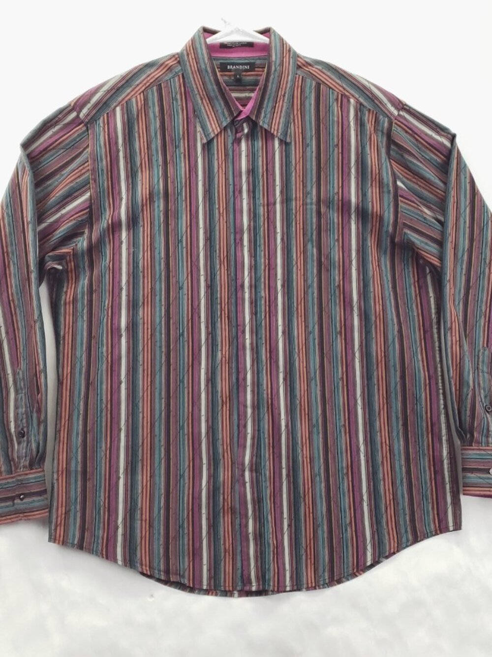 Brandini Shirt Mens Large Pink Blue Striped Long Sleeve Flip Cuffs Button-Up